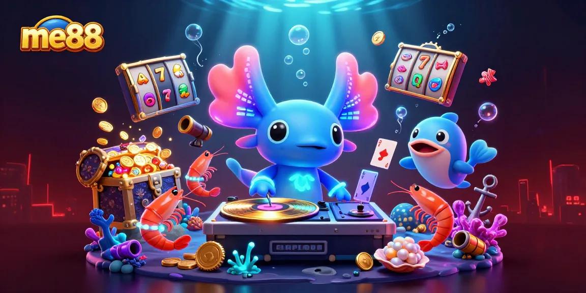 Experience me88's thrilling casino atmosphere with vibrant characters and dynamic slot elements.