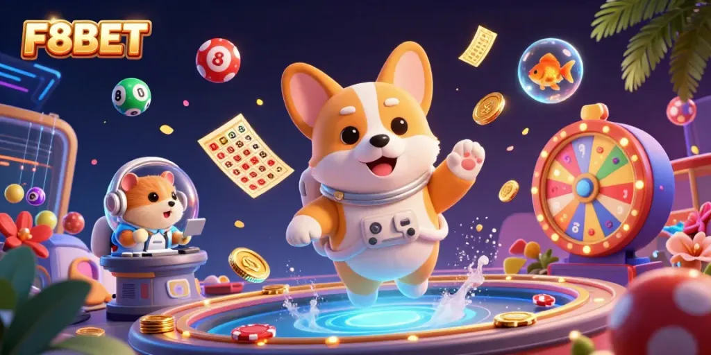 Engage with F8BET's thrilling gaming world amid floating coins and dynamic lottery balls.