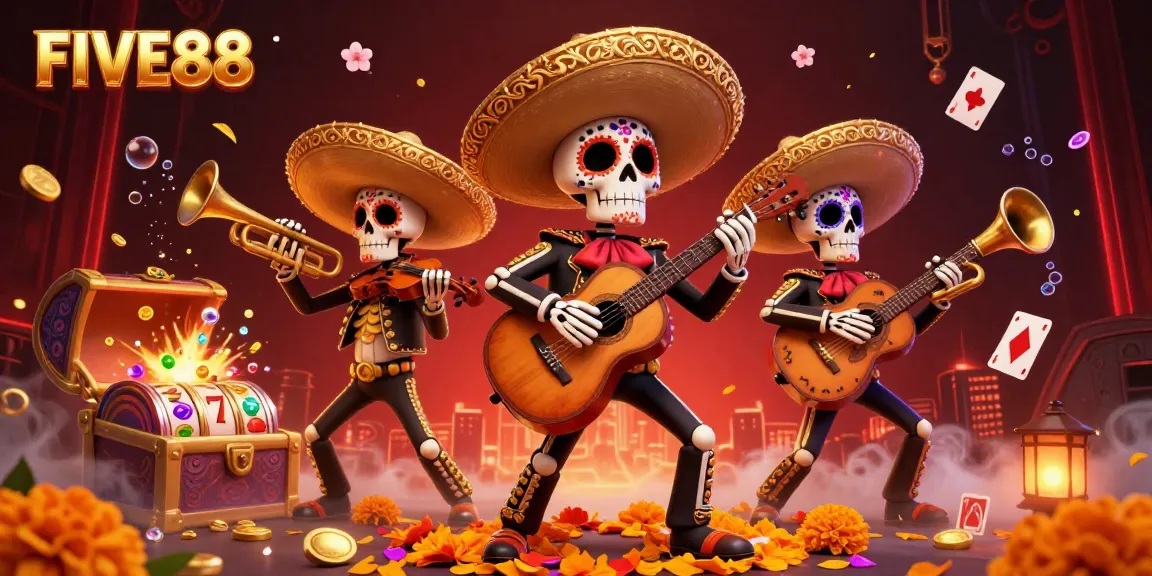 Engage with FIVE88's vibrant mariachi scene, showcasing thrilling slot elements and energetic gameplay.