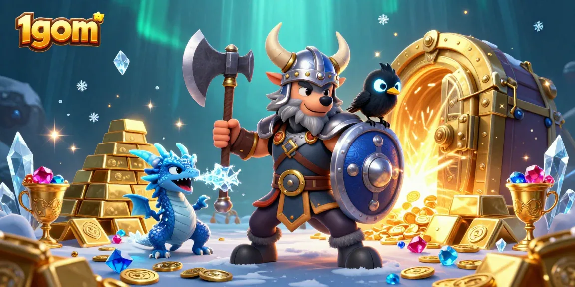 Feel the thrill with 1gom's Viking warrior and dragon amidst treasure, ideal for online betting!