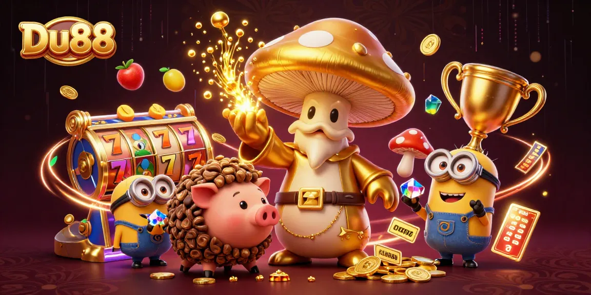 Catch the golden magic of Du88 with this vibrant 3D casino illustration featuring enchanting characters and slots.