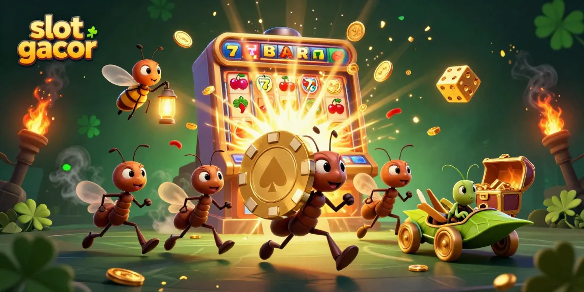 Experience the excitement of slot gacor with dynamic ants on a heist amidst dazzling casino elements.