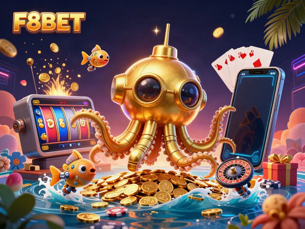 Experience F8BET with a vibrant underwater scene featuring a golden kraken submarine and exciting casino elements.