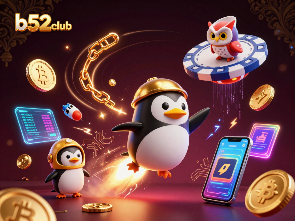 Experience excitement at b52club with a golden penguin rocket heading to a casino space station.