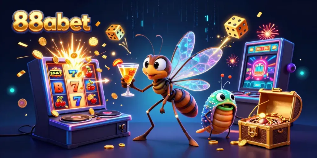 Experience the excitement of 88abet with a lively casino scene featuring animated characters and vibrant game elements.