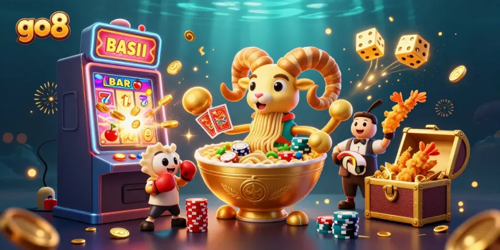 Experience the excitement of go8 with a vibrant animated casino scene featuring a golden ramen bowl dealer and action elements.