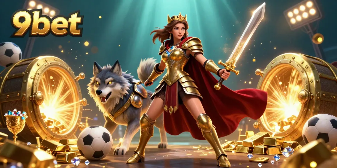Bet on thrilling outcomes with 9bet in this captivating 3D illustration featuring a warrior queen and wolf.
