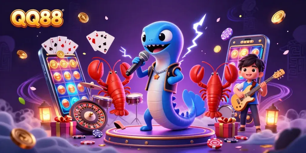 Engage with QQ88's vibrant underwater casino, featuring lively characters and dynamic gaming elements.