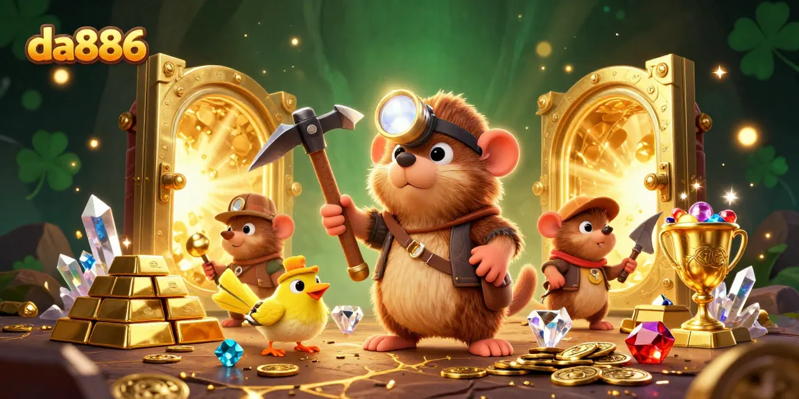 Experience the excitement of da886 in this vibrant, treasure-filled cartoon scene featuring a mining mole and treasures.