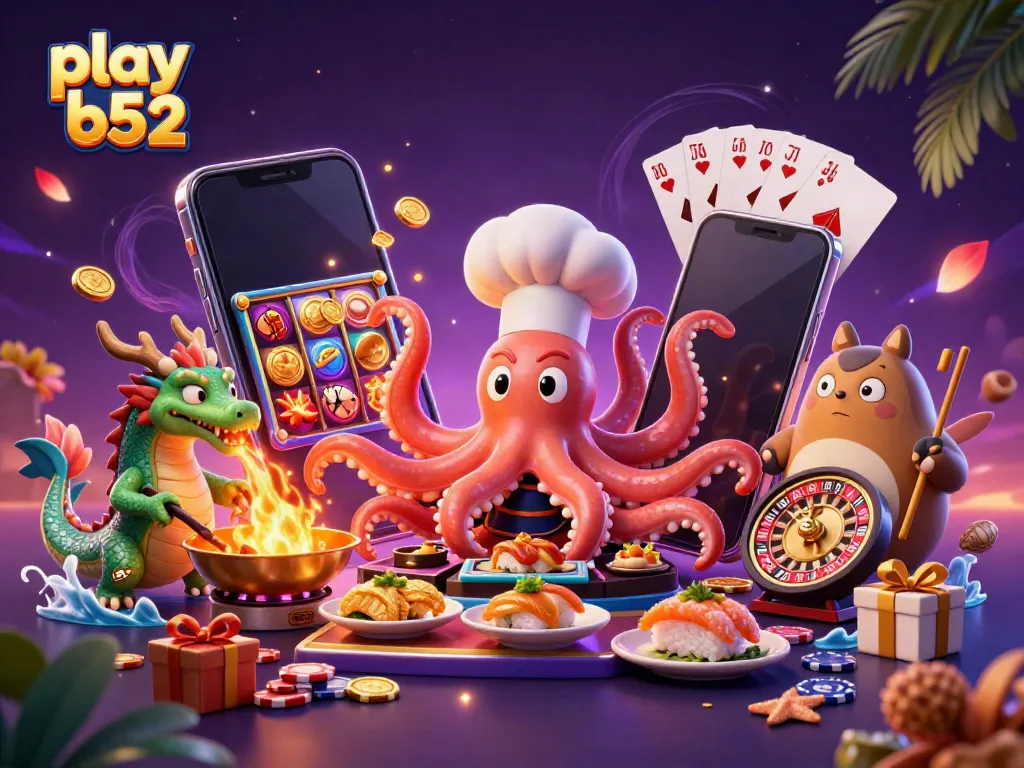 Engaging scene to play b52 with a cartoon sushi chef octopus and dragon amidst casino elements.