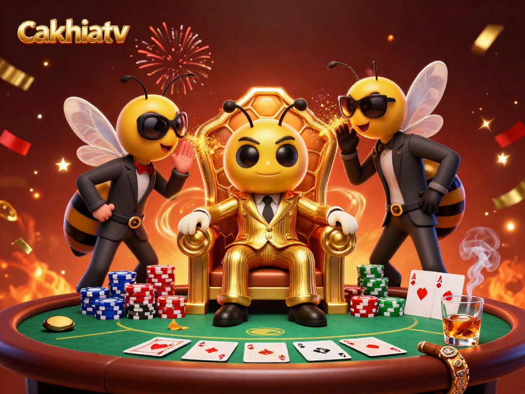 Catch the thrilling action at cakhiatv with a lively scene of a bee mob boss and poker excitement.
