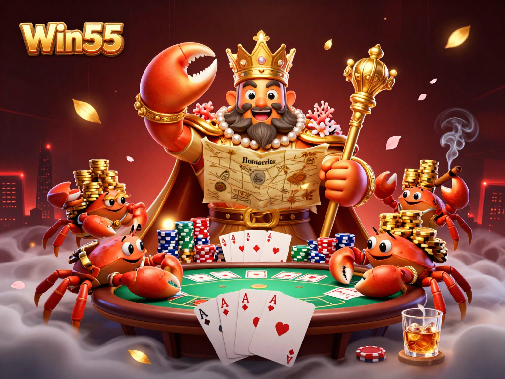 Experience the excitement of Win55 with a golden crab emperor surrounded by poker elements.