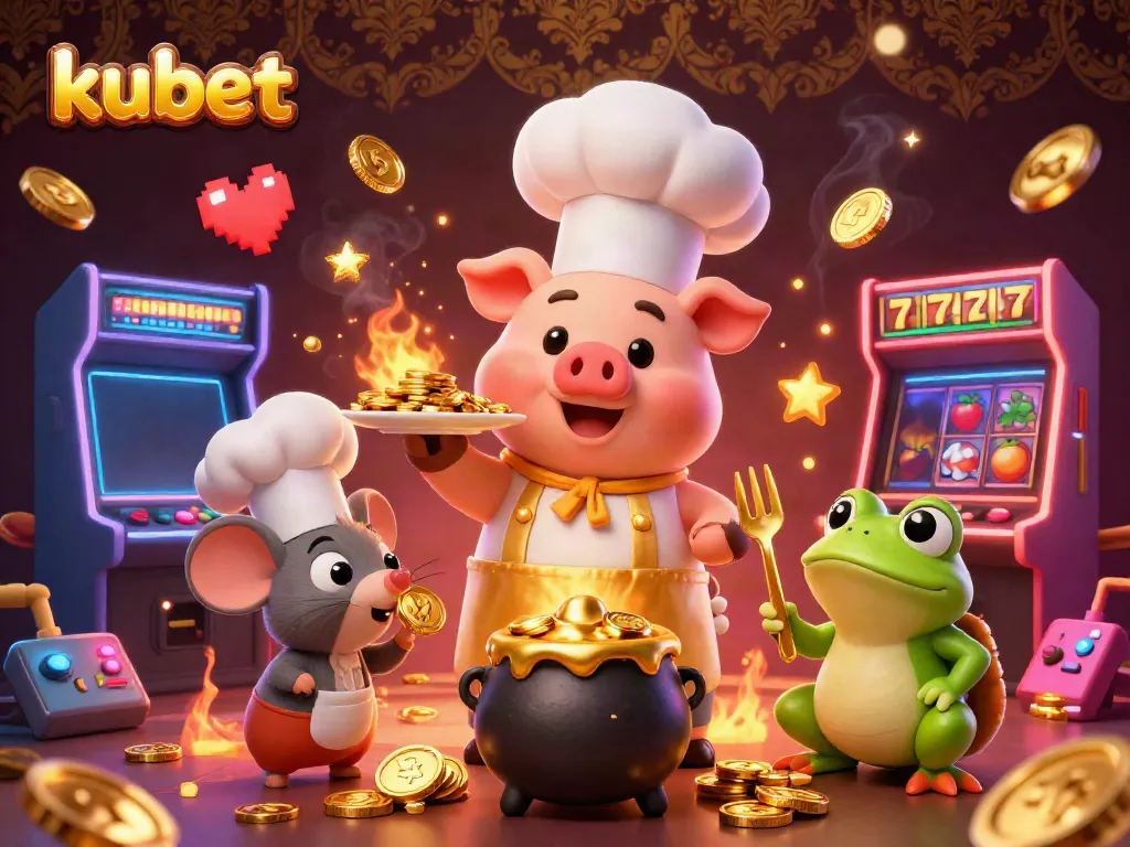 Engage with kubet offers in a vibrant casino scene featuring a chef pig serving gold coins surrounded by colorful game elements.