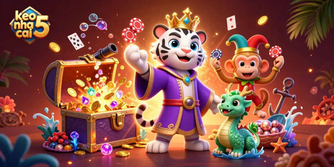 Enhance your betting experience with keo nha cai 5 featuring a vibrant scene of playful characters and rich casino elements.