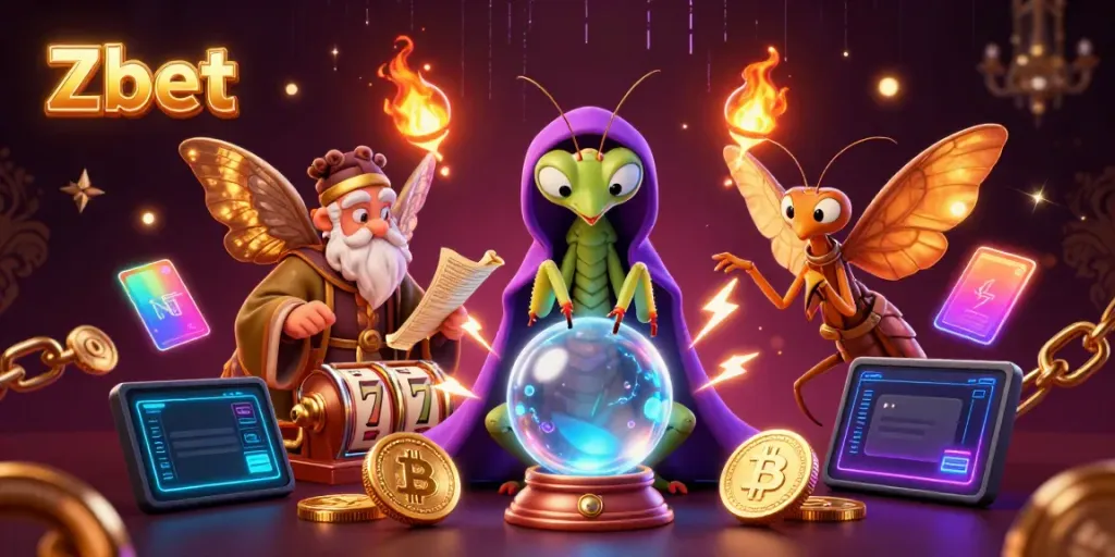 Experience Zbet at a vibrant online casino showcasing a mystical scene with fortune tellers and slot reels.