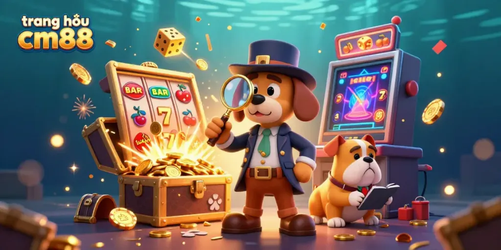 Explore the vibrant scene at trang chủ cm88 with a detective examining a golden poker chip amidst dynamic casino elements.