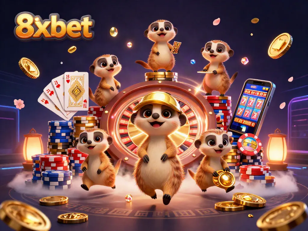 Experience thrilling excitement with 8xbet as meerkats decorate a vibrant casino scene.