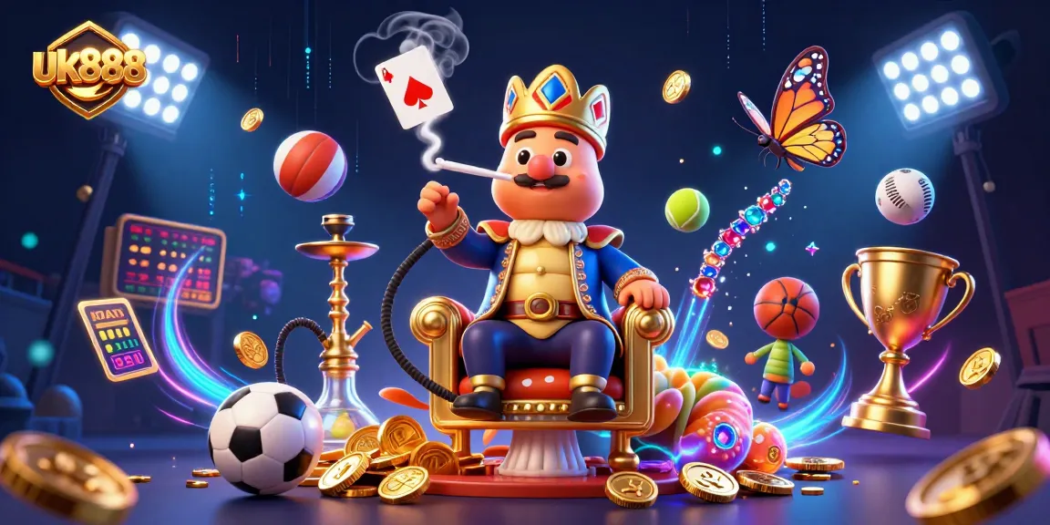Experience the thrill of gaming with uk888's vibrant casino action illustration featuring sports balls and dynamic elements.