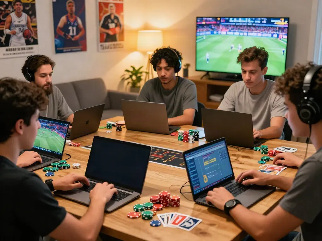 Engaged friends enjoying a thrilling online gaming night with VIN 88 on their devices.