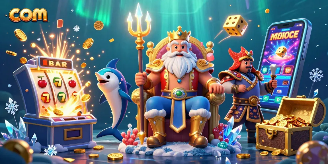 Experience thrilling wins at com with a vibrant casino scene featuring Neptune, slot machines, and exploding treasures!