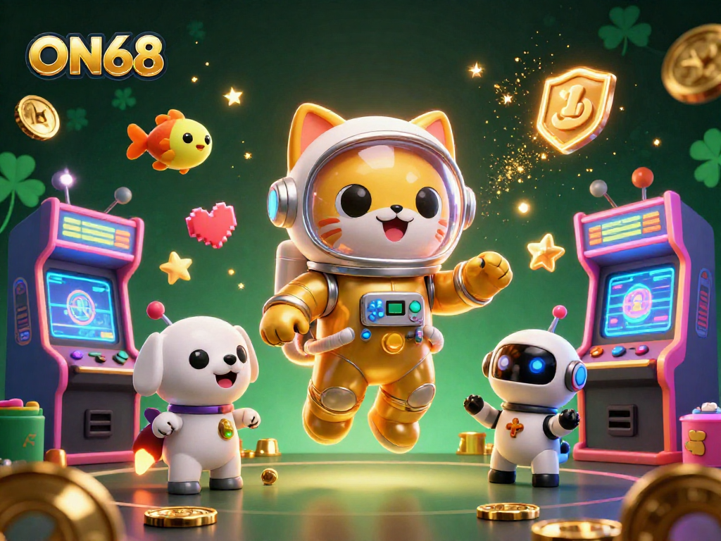 Engage in fun gaming at ON68, featuring a cartoon astronaut cat and robot dog in a vibrant casino galaxy.