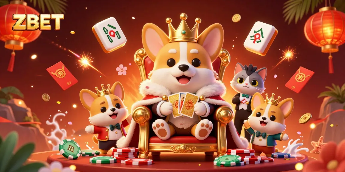 Experience ZBET's vibrant gaming world with a royal theme featuring a corgi on poker chips.