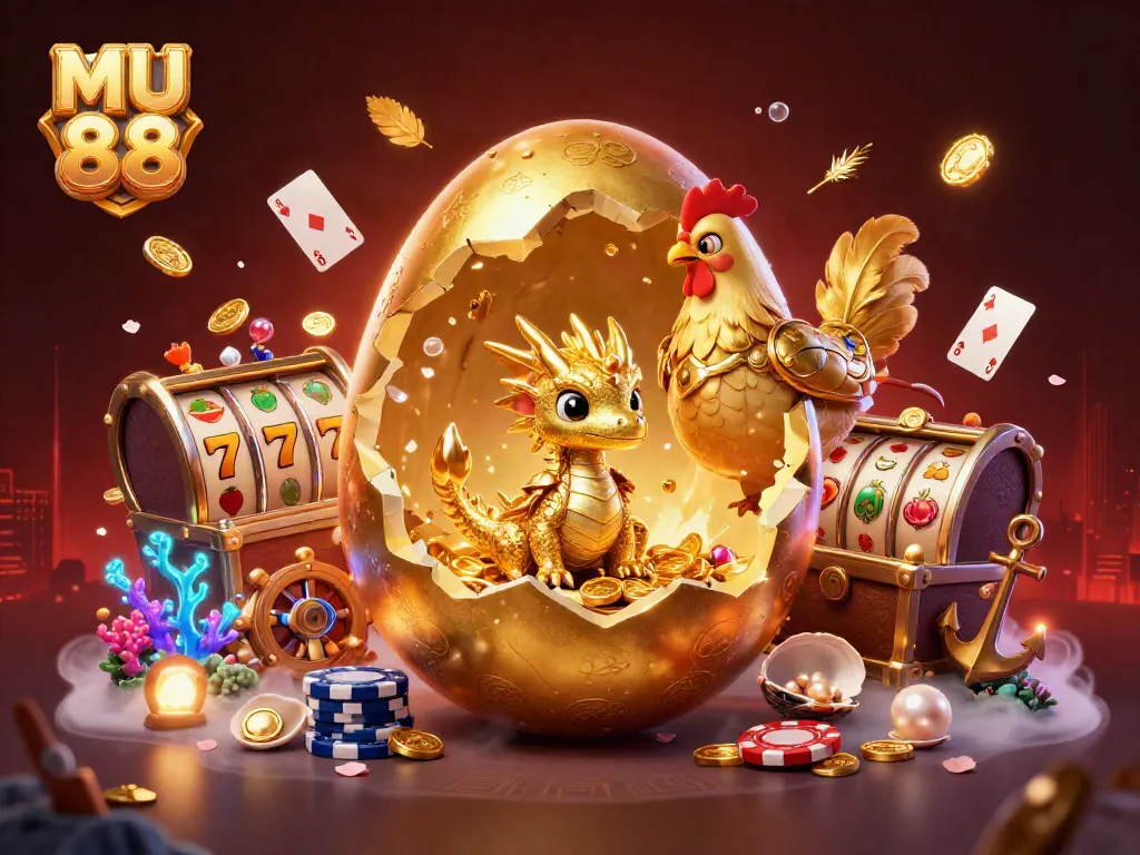 Engage with MU 88’s vibrant golden casino scene featuring dynamic slots, golden dragon, and poker chips.