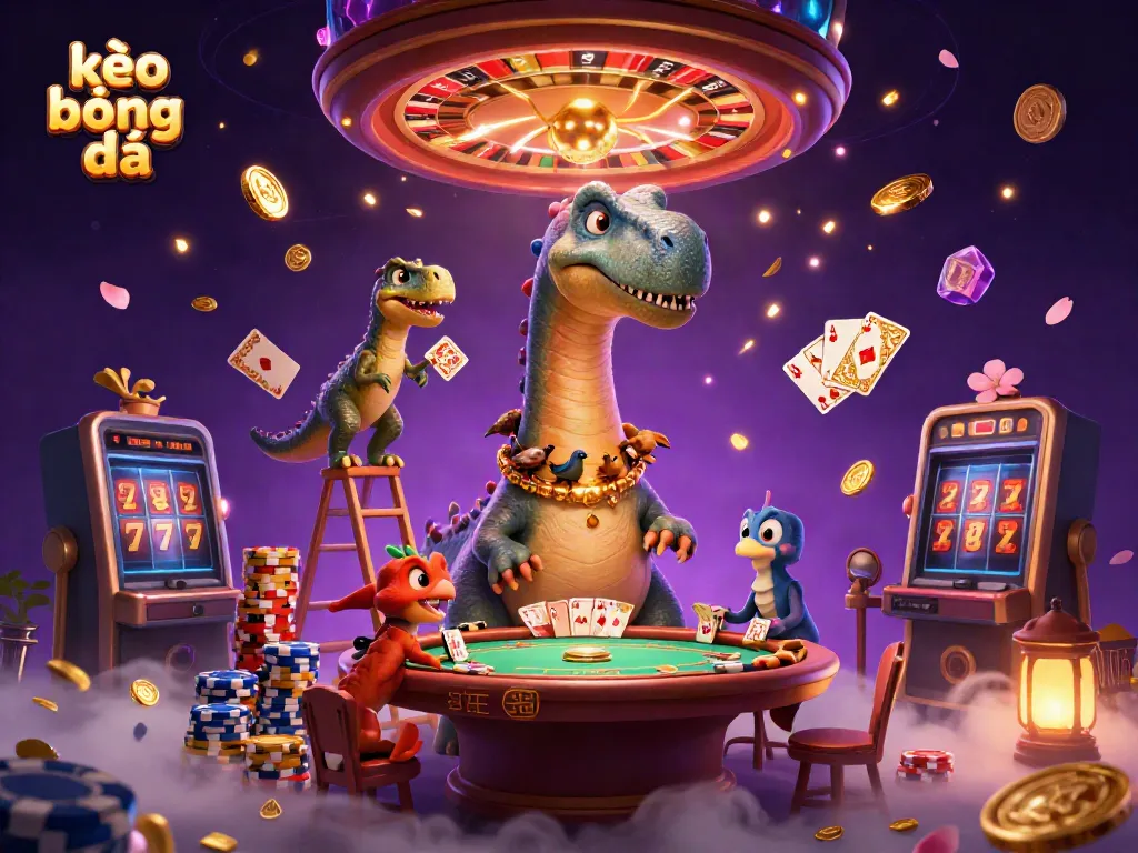 Experience the thrill of kèo bóng đá with towering brontosaurus and clever raptor at a vibrant casino scene.