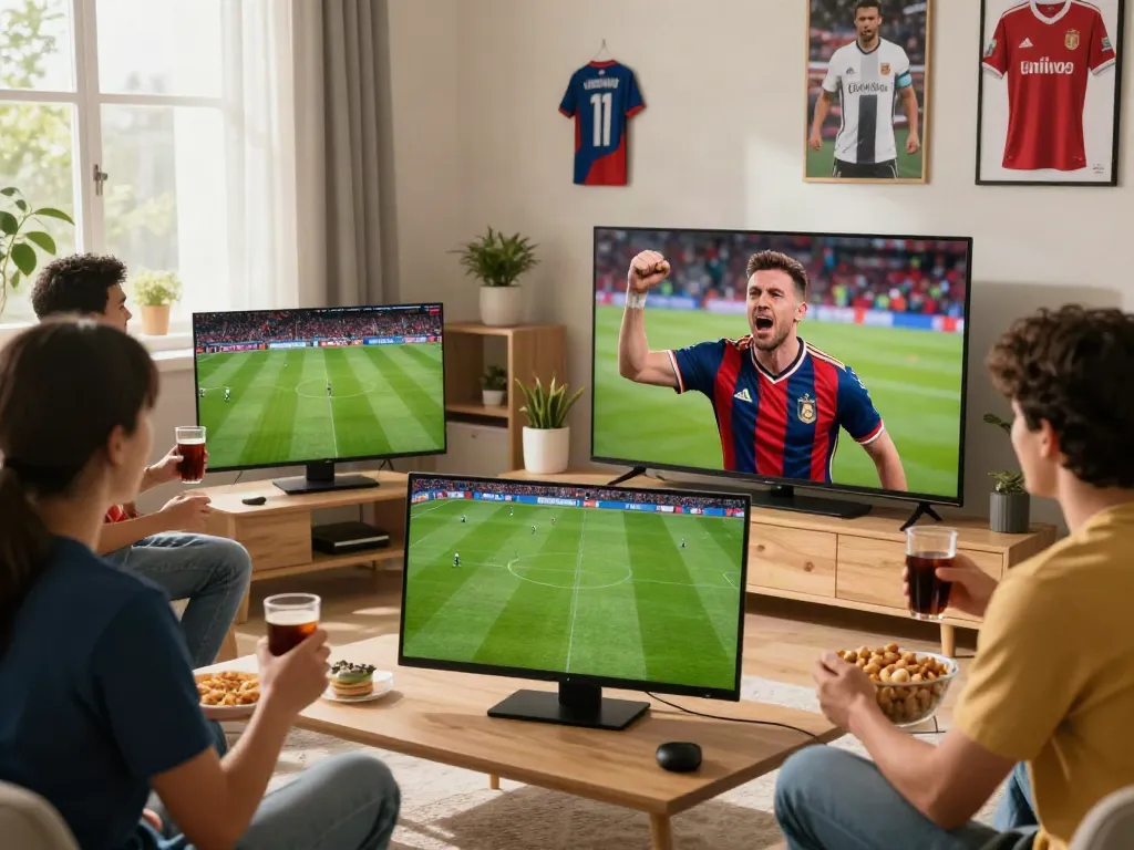 Thapcamtv live sports streaming session in a cozy living room with fans enjoying the match.