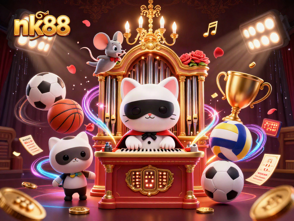 Engage with nk88's vibrant casino atmosphere featuring a majestic white cat and dynamic sports elements.