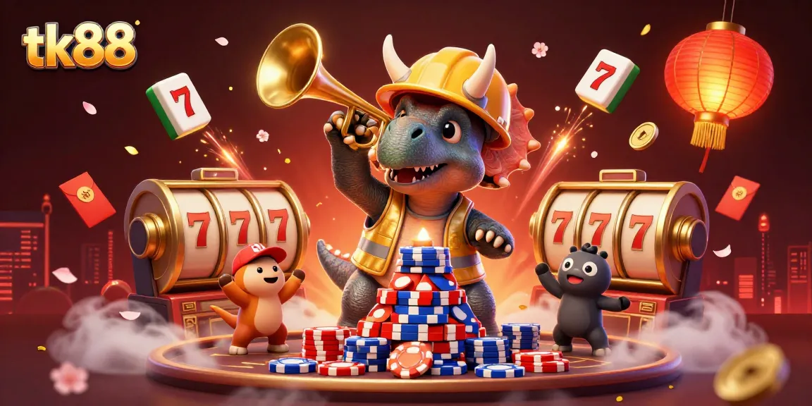 Play at tk88 with a vibrant scene of a triceratops building poker chips amidst festive gambling elements.