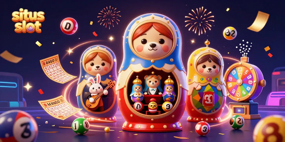 Menggali kegembiraan situs slot dengan penggambaran kartun 3D yang penuh warna dari boneka Matryoshka Rusia dan elemen kasino lainnya.