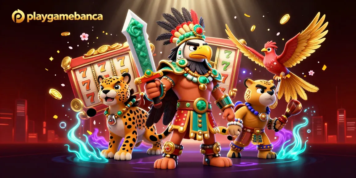 Playgamebanca slots come alive with an Aztec warrior in a vibrant casino setting.