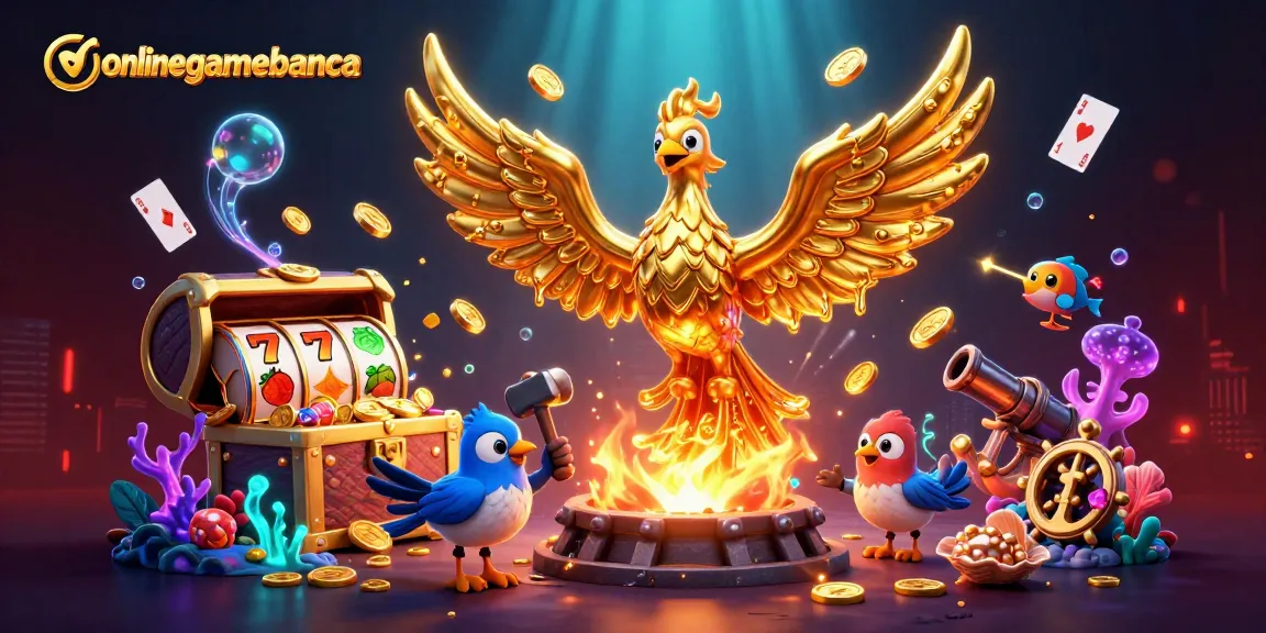 Experience onlinegamebanca's immersive casino atmosphere with golden phoenix amidst vibrant gaming elements.