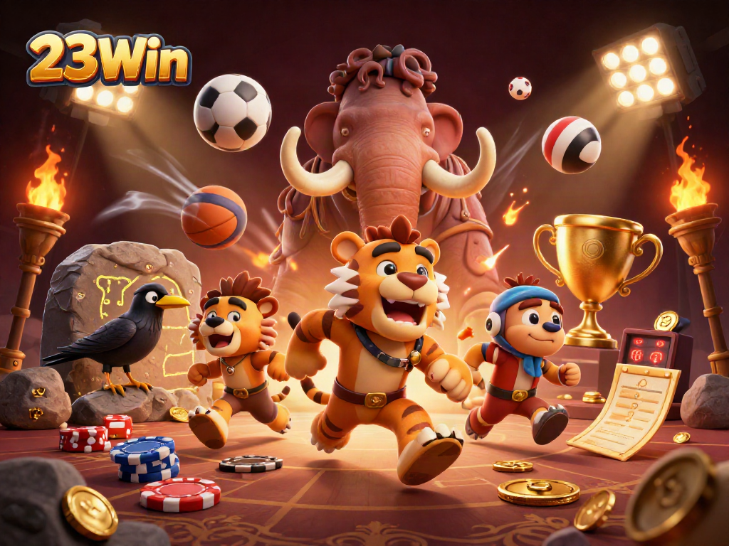 Experience winnings at 23Win with a dynamic prehistoric casino scene and engaging game elements.