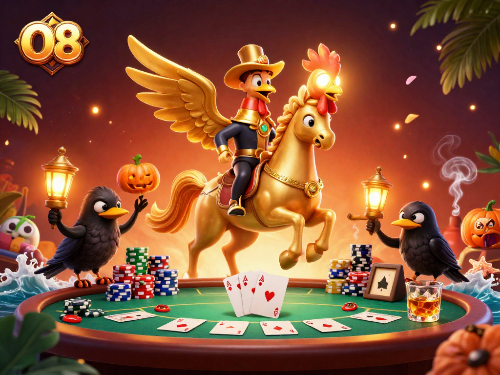 Experience excitement at O8 with a golden rooster and friends in a vibrant casino scene.