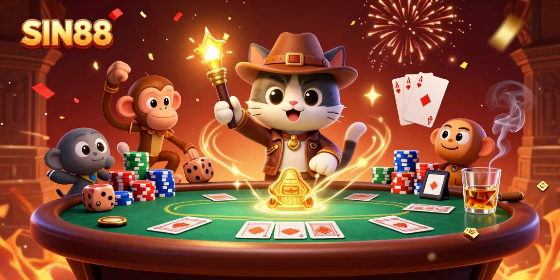 SIN88 showcases a dynamic scene with a cat archaeologist and monkey companion discovering casino treasures.