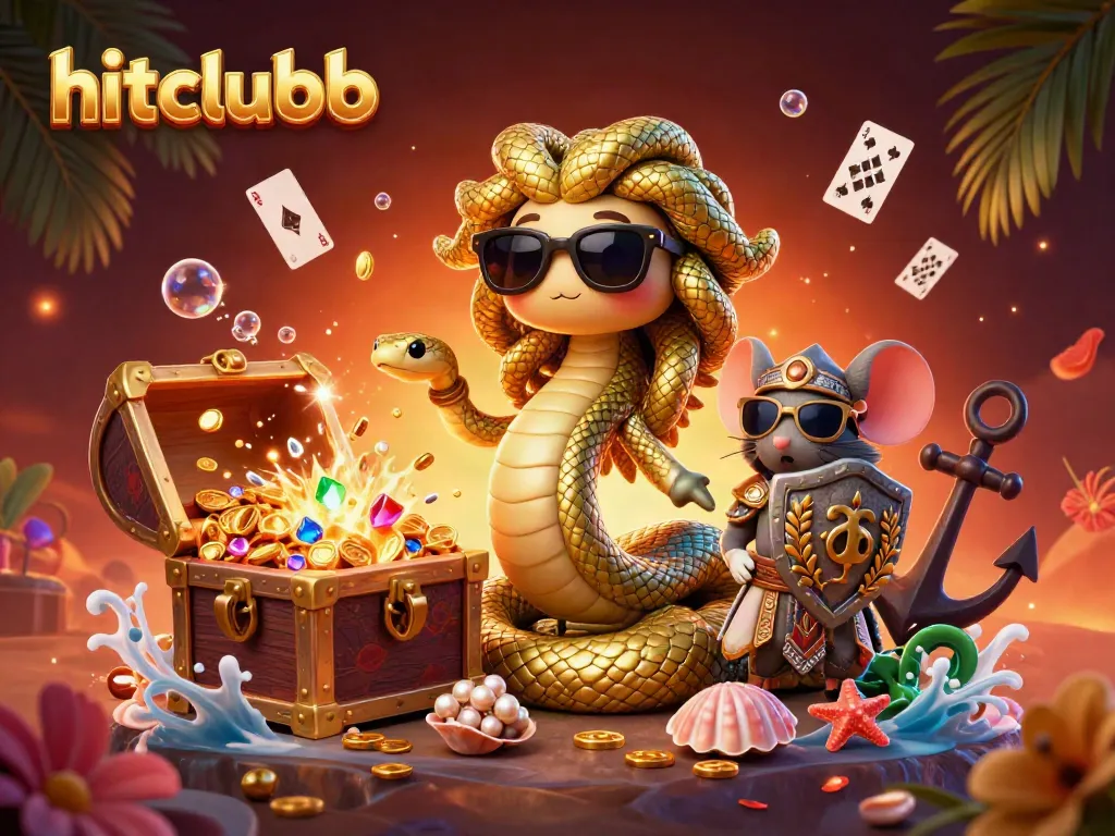 Experience the excitement of hitclubb with a creative casino-themed 3D illustration featuring Medusa and a stone-shield warrior.