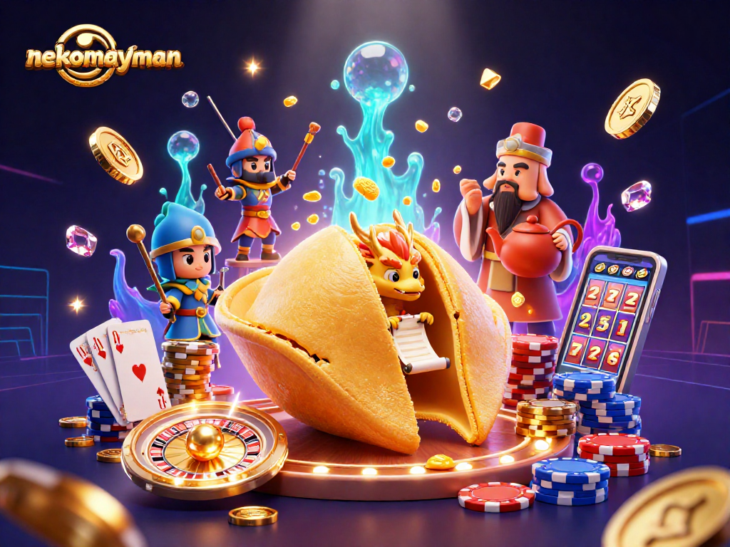 Neko May Mắn features a golden fortune cookie with a dragon reading a scroll, amidst casino elements.