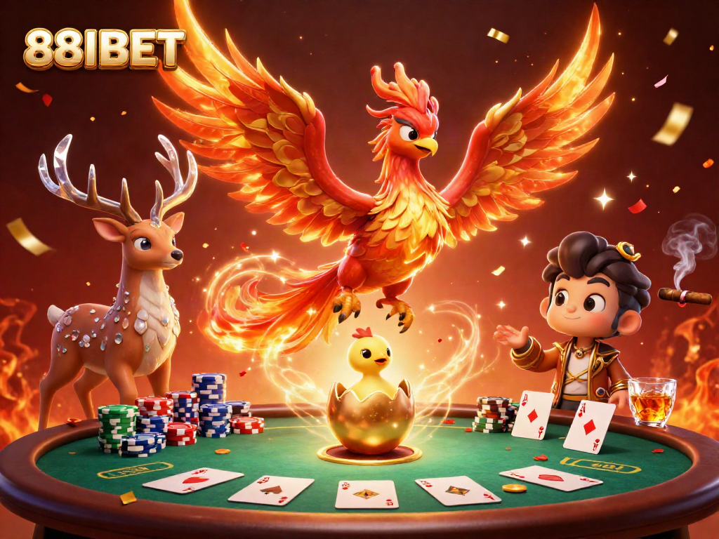 Experience the excitement of 88IBET with a vibrant casino scene featuring phoenixes and poker elements!