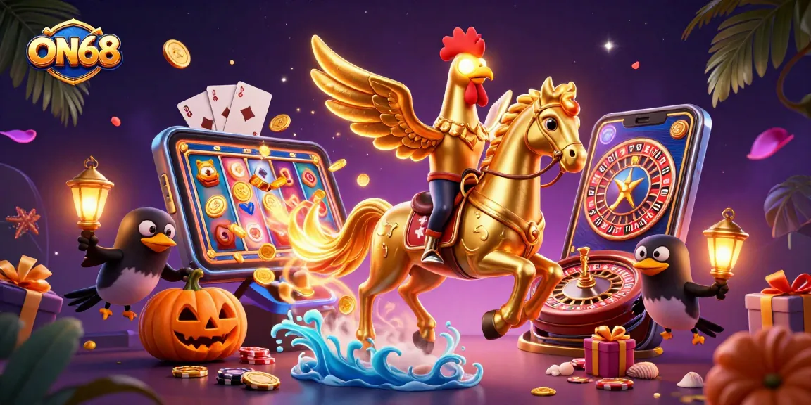 Experience the excitement of ON68 with vibrant gaming visuals, golden rooster, and dynamic casino elements.