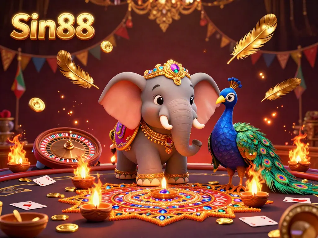 Experience the thrilling energy of Sin88 with an intricate 3D illustration featuring an ornate elephant and casino elements.