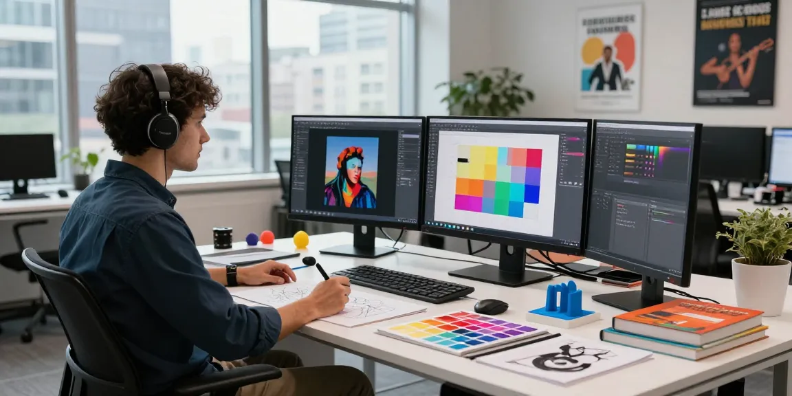 Innovative tech workspace with designer using an AI image generator on dual monitors, sketchbooks, and vibrant colors.