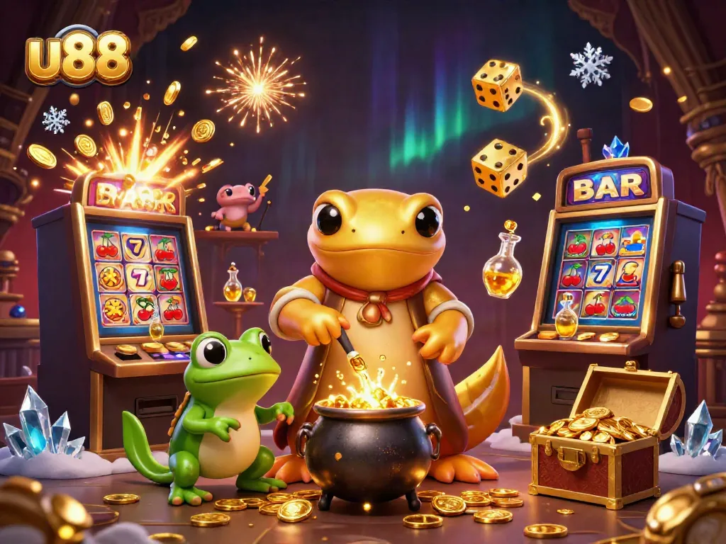 Experience the enchantment of u88 with a dynamic casino scene featuring gold coins and magical characters.