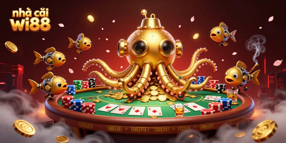 Experience thrills at nhà cái wi88 with a vibrant casino illustration showcasing card games, gold coins, and exciting atmosphere.