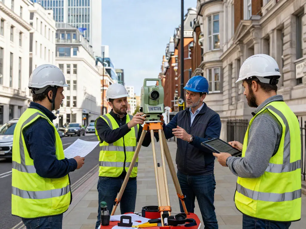 Land Surveyors London measuring building dimensions with advanced tools in urban setting.