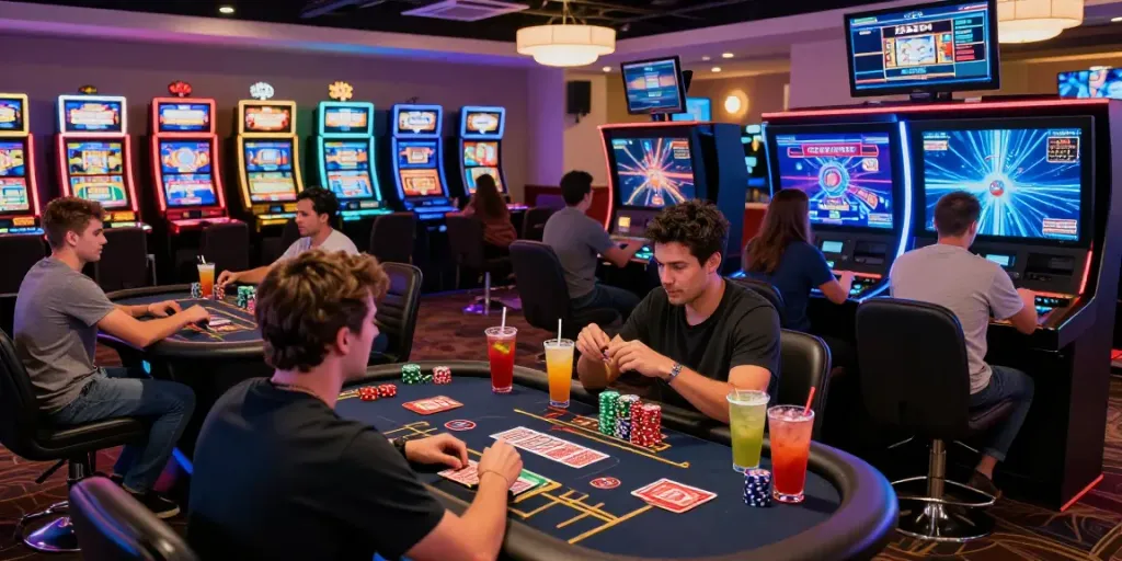 Exciting gaming atmosphere showcasing players at usa online casinos with vibrant slot machines.