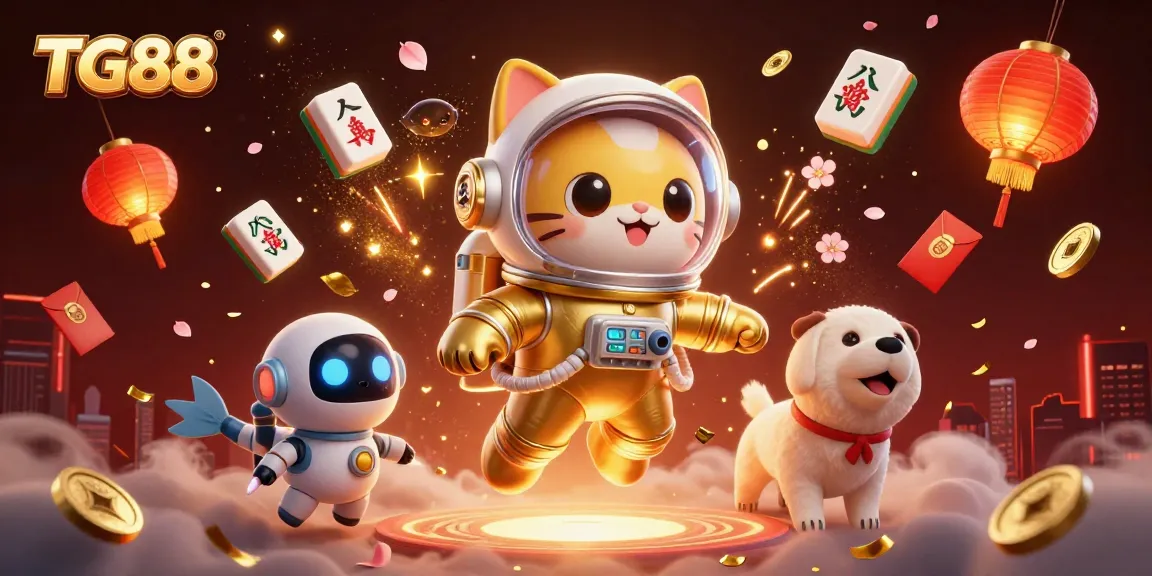 Win big with TG88 in a vibrant 3D casino scene featuring an astronaut cat and lively game elements.