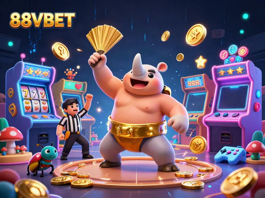 88VBET showcases a dynamic 3D beetle sumo champion surrounded by colorful casino elements.