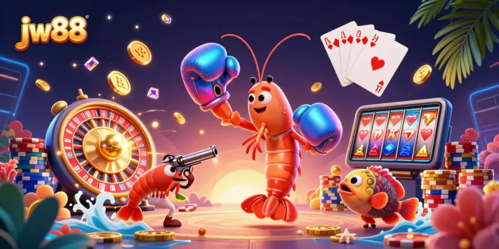 Experience the thrill of jw88 with vibrant casino elements and lively ocean-themed characters.